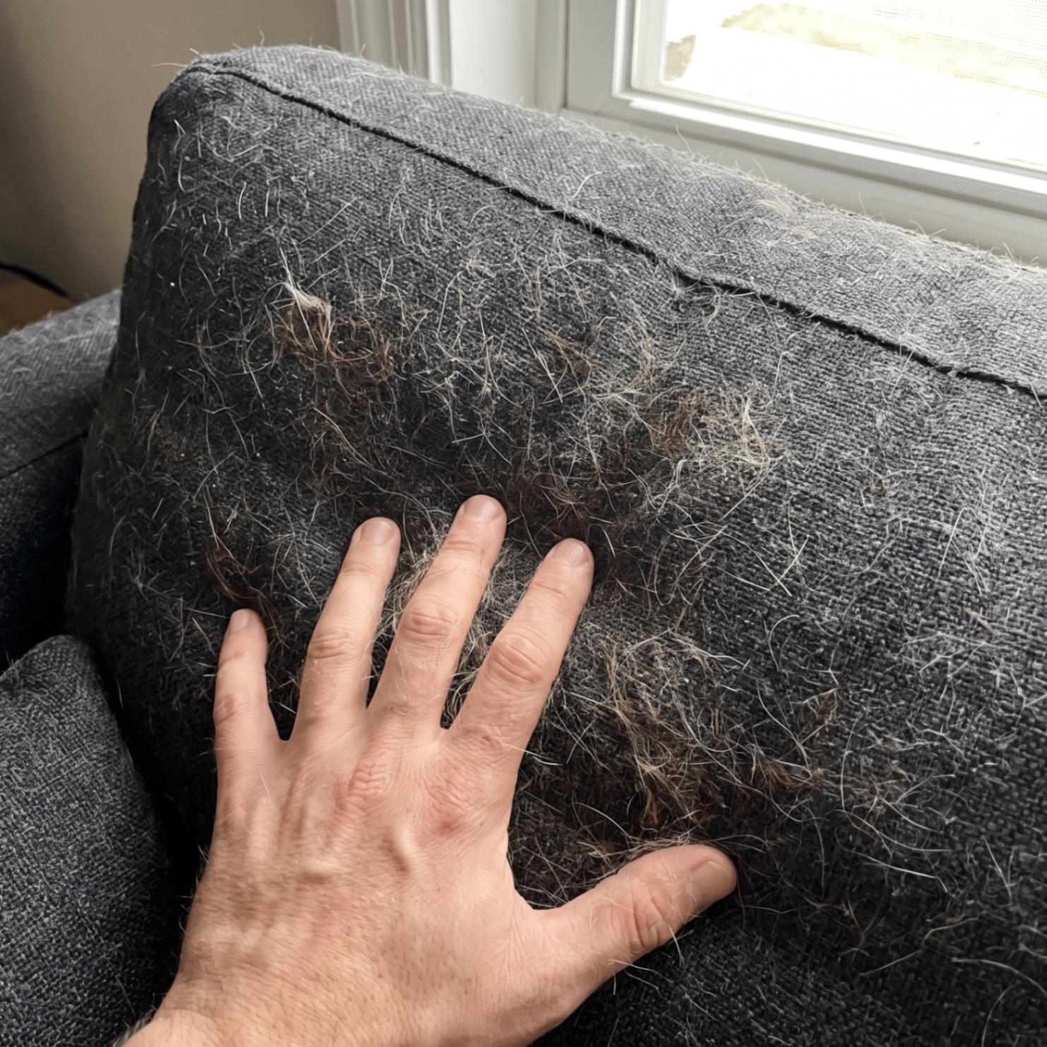 Hand brushing pet fur off a sage-green fabric sofa cushion