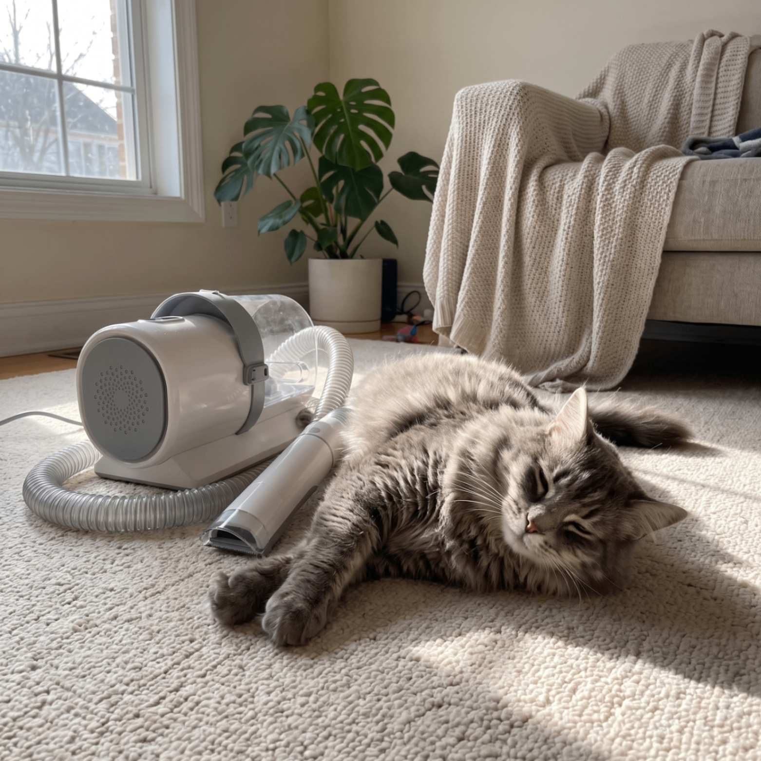 Relaxed fluffy tabby cat lying calmly on a cream rug