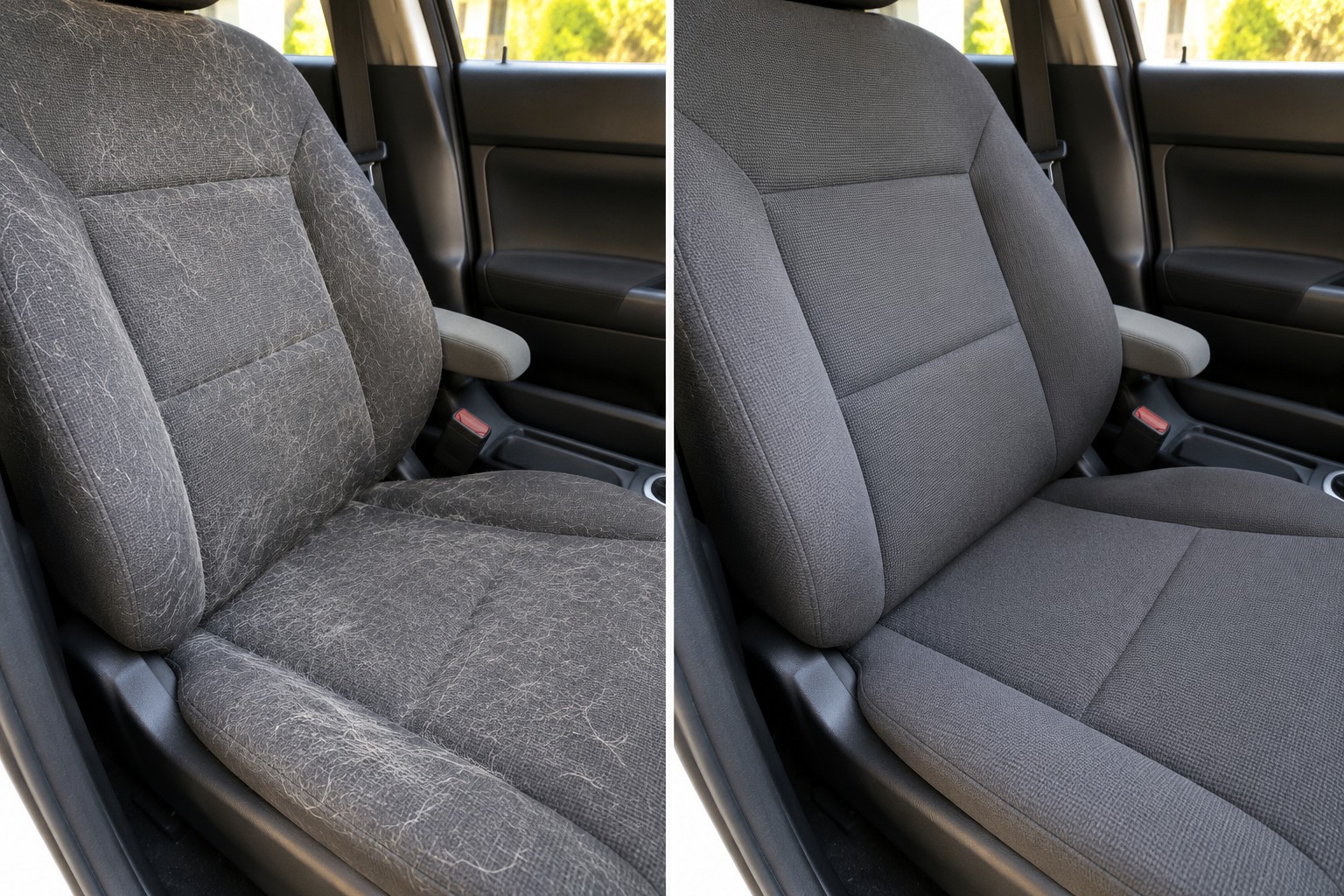 Car seat before and after one WhisperVac grooming session