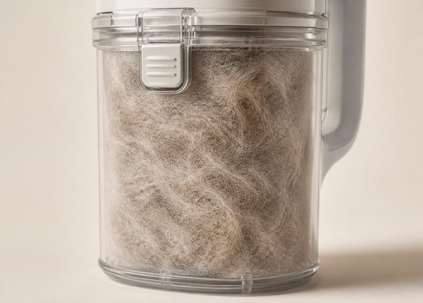 Transparent WhisperVac canister filled with weeks of collected pet fur