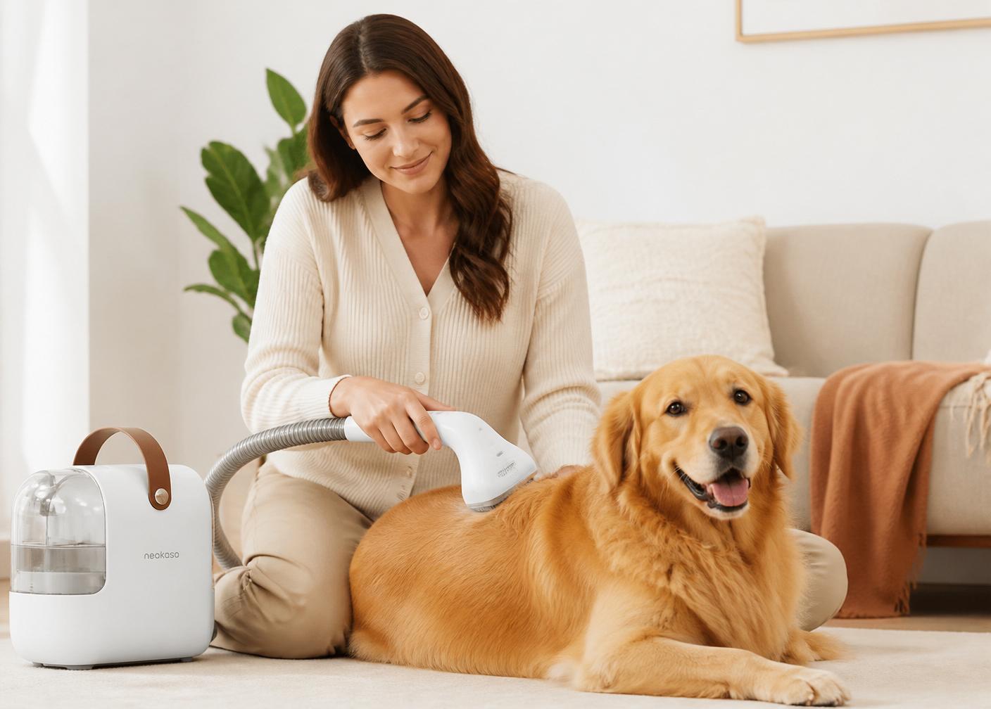 Person calmly grooming a relaxed golden retriever with the WhisperVac pet grooming vacuum